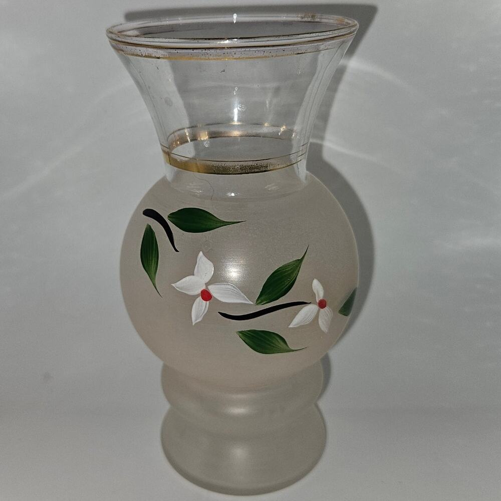 Vintage Frosted Glass Floral Bud Vases Gold Trim – Pair 6" Tall - Picture 8 of 8